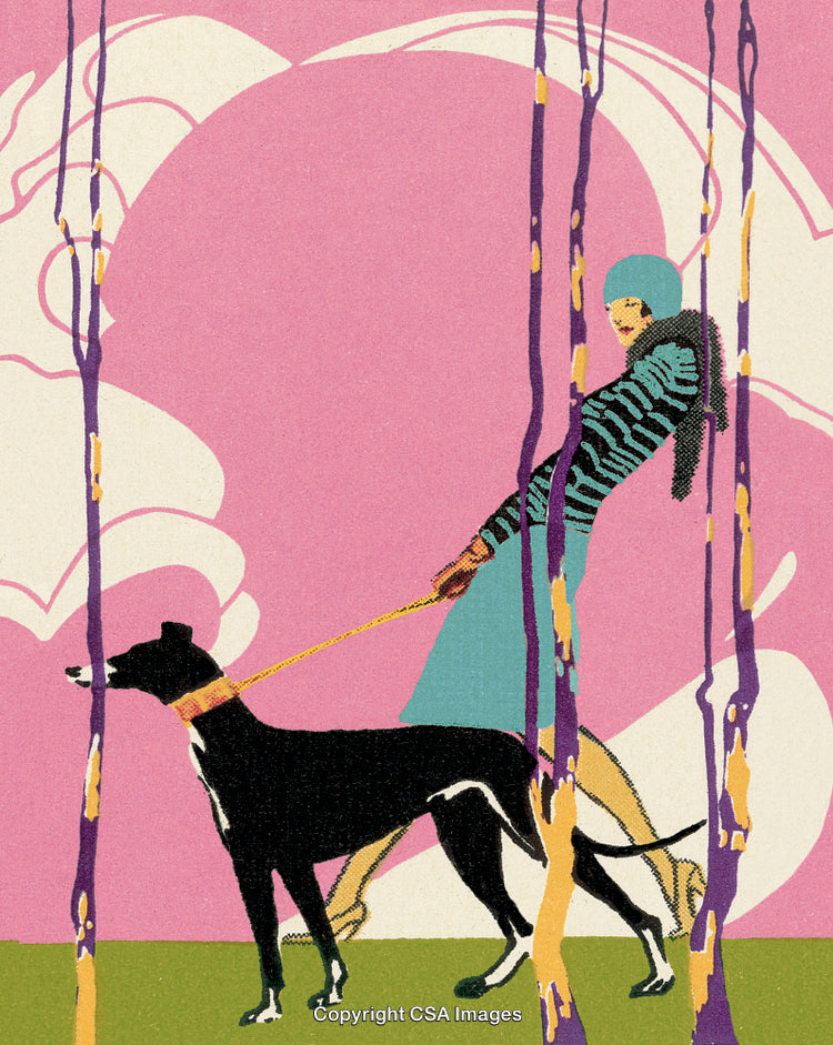 Stylized Illustration of a Woman Walking a Dog Against a Vibrant Backdrop