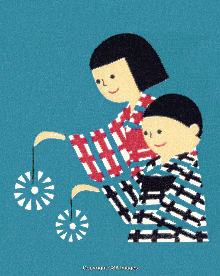 Traditional Illustration of Two People with Festive Paper Lanterns