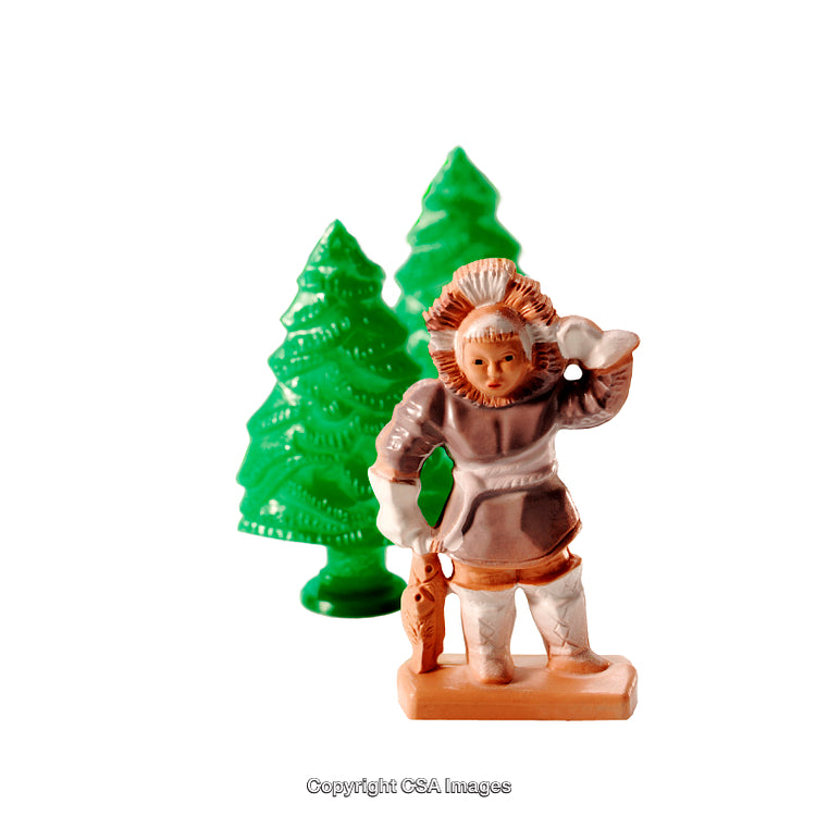 Colorful Plastic Figurine of Inuit and Evergreen Trees