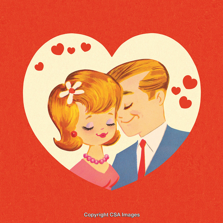 Vintage Romantic Illustration of a Couple Embracing with Heart Motif
