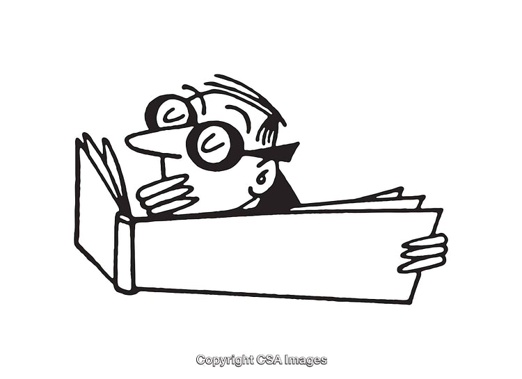 Cartoon Illustration of a Character Reading an Oversized Book in Black and White