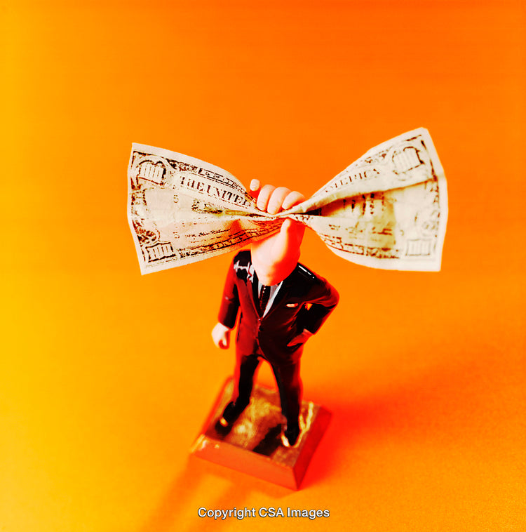 Quirky Figurine of a Faceless Suit and Currency Bowtie on Orange Background