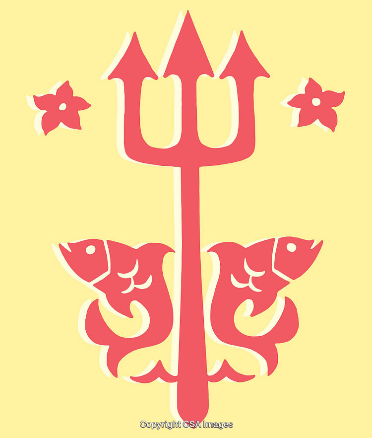 Red Trident with Fish and Floral Designs on a Yellow Background