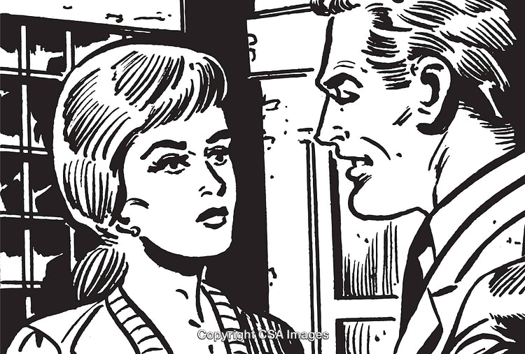 Black and White Illustration of a Man and Woman in Intense Discussion