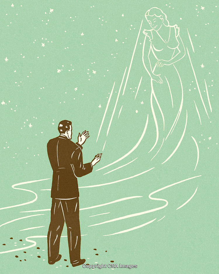 Man Communicating With Ethereal Woman in a Dreamlike Cosmic Scene