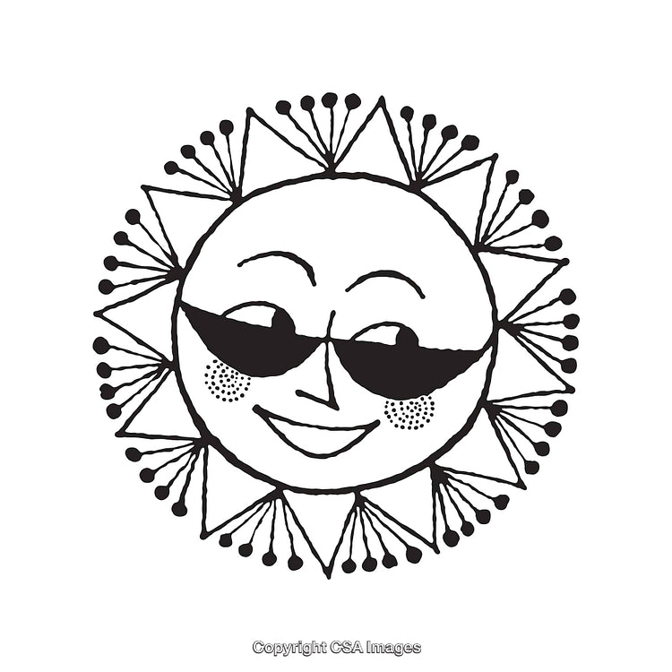 Illustrated Sun Wearing Sunglasses with Cheerful Expression in Black and White