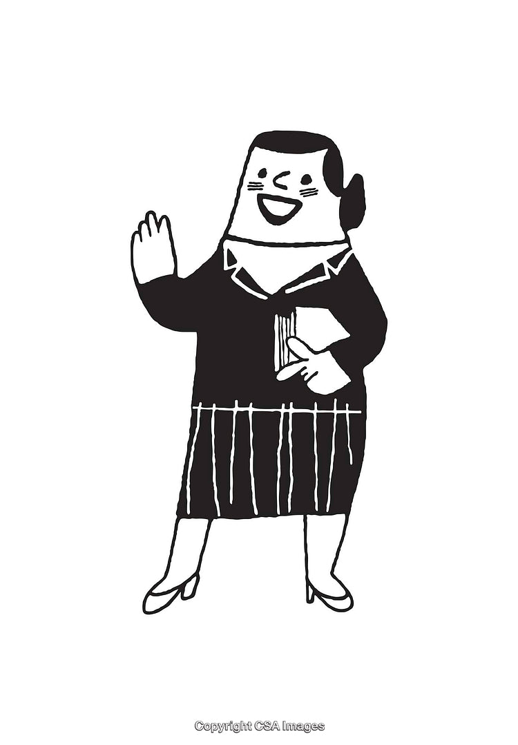 Black and White Cartoon of Happy Professional Woman Waving and Holding Papers