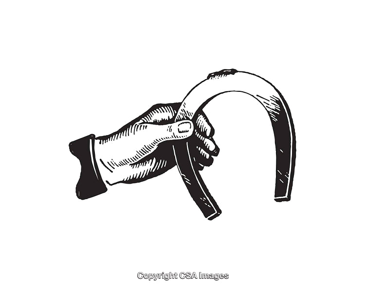 Black and White Hand Holding Horseshoe Illustration with Vintage Style