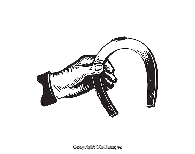Black and White Hand Holding Horseshoe Illustration with Vintage Style