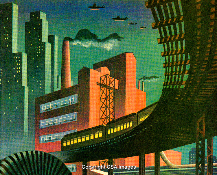 Futuristic Cityscape With Elevated Train and Industrial Buildings at Night