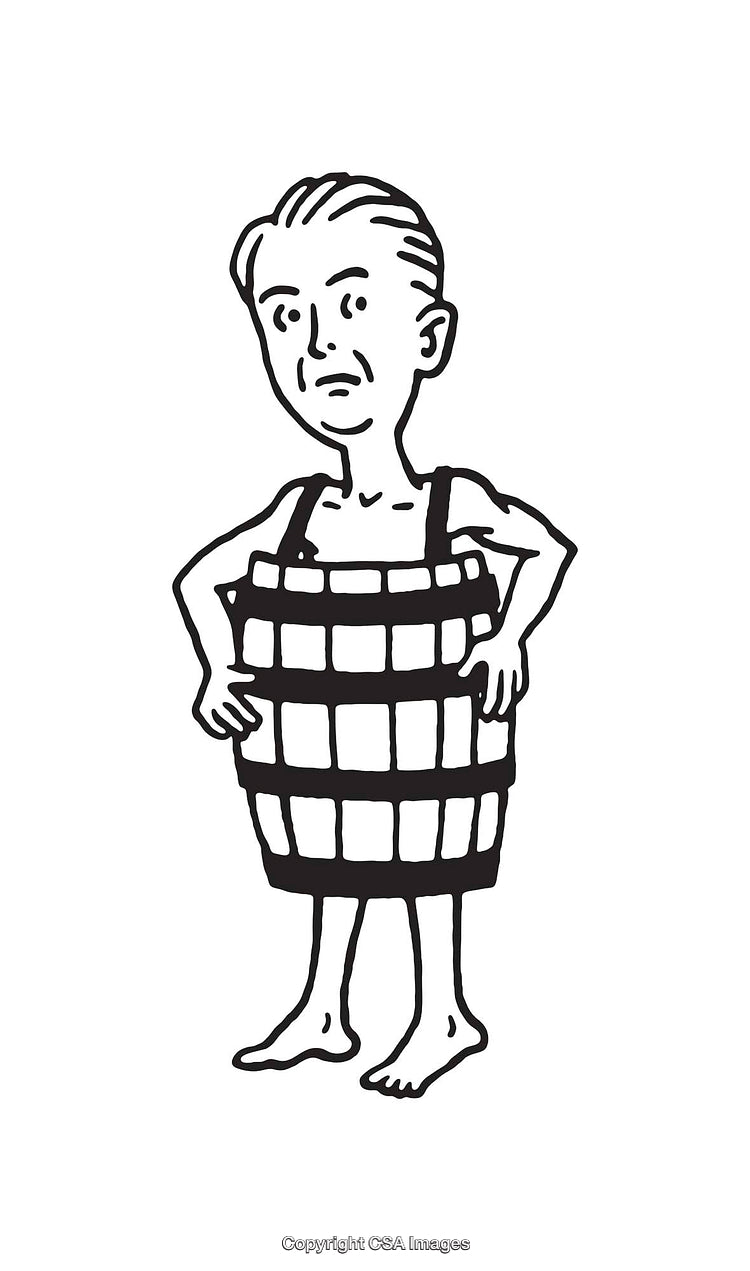 Cartoon Character Wearing Barrel Illustration in Black and White Line Art Style