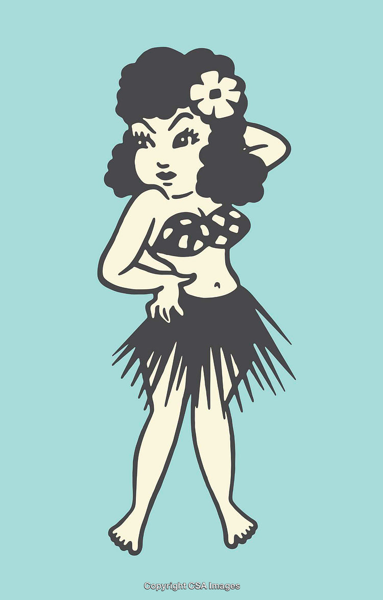 Colorful Vintage Illustration of a Hula Girl in Traditional Attire
