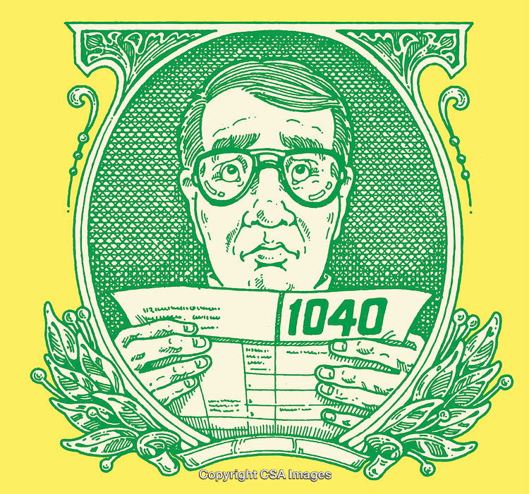 Color Line Art of a Concerned Man Viewing Tax Form 1040