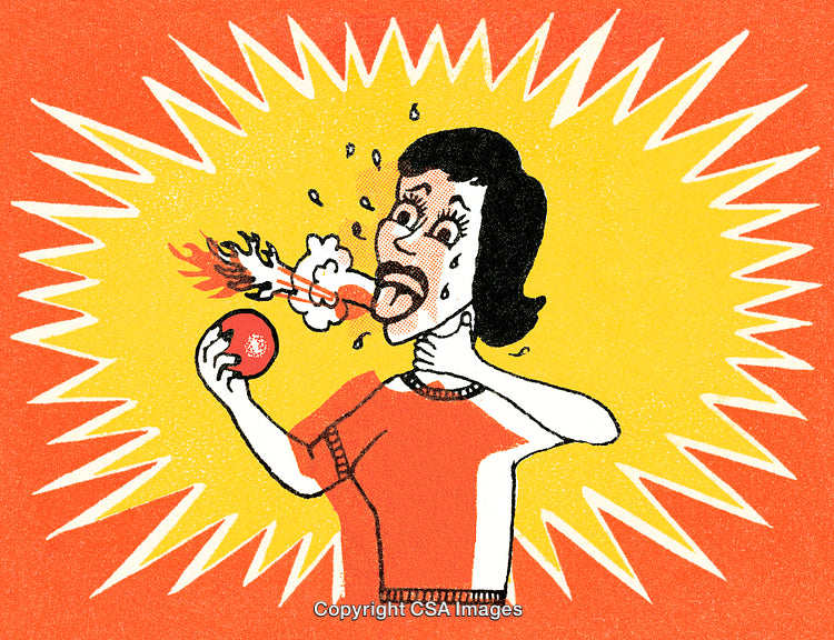 Expressive Illustration of Woman Eating Spicy Food with Comical Overreaction