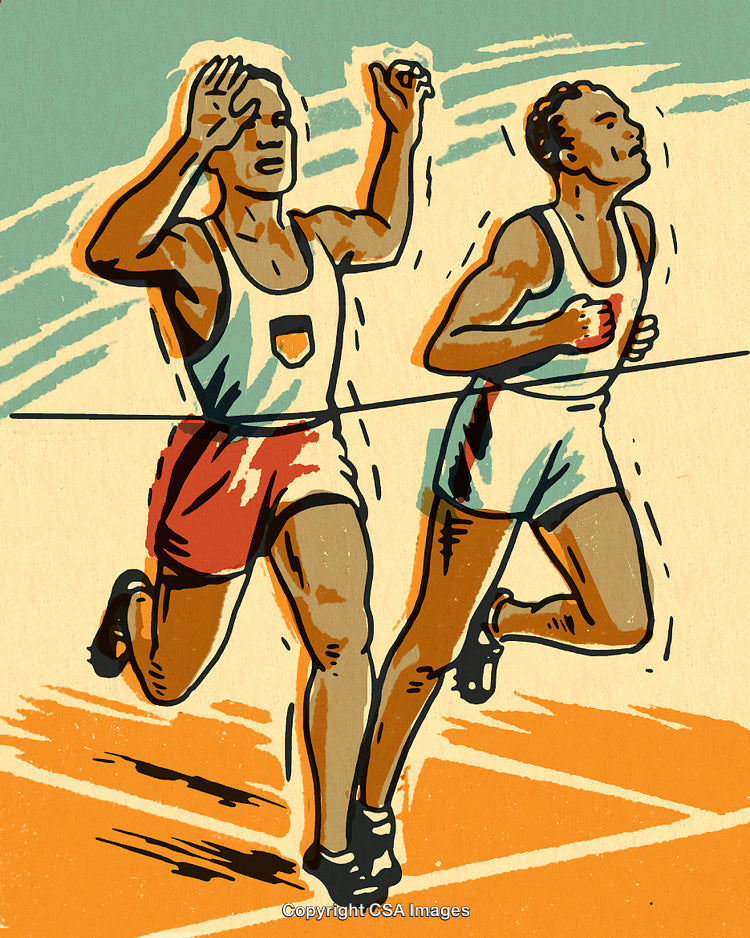 Vintage Illustration of Two Runners Crossing the Finish Line in a Race