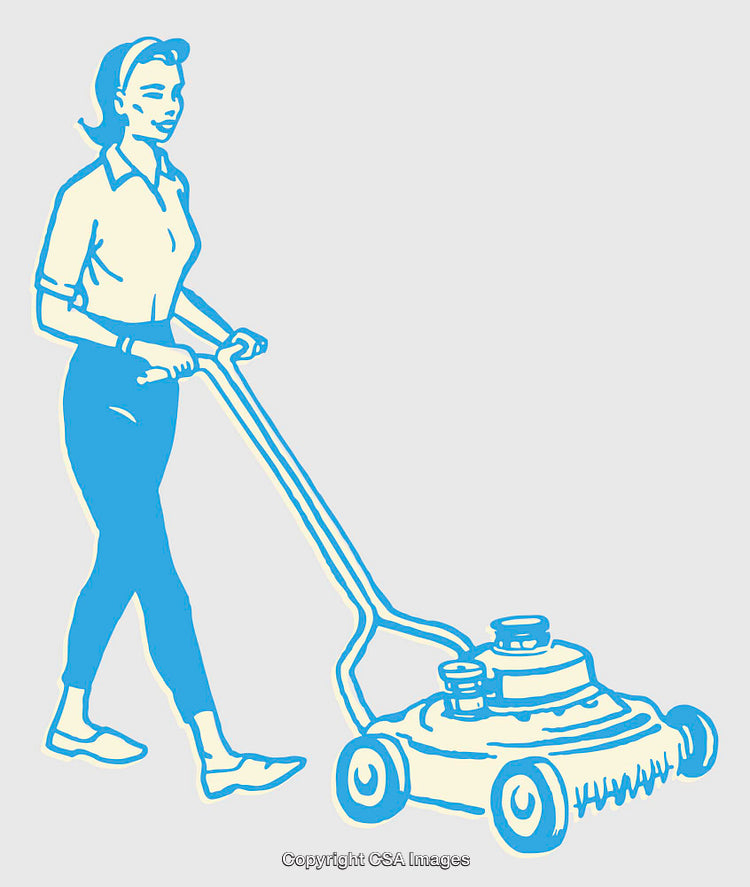 Retro Illustration of a Woman Mowing the Lawn with a Lawn Mower