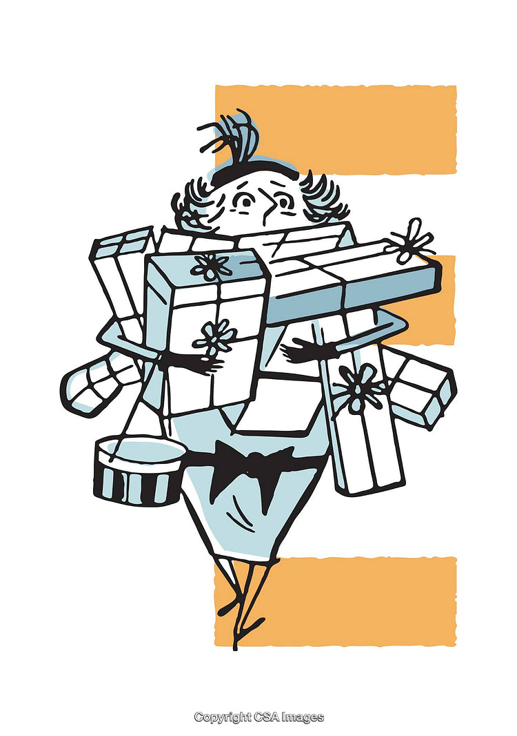 Playful Cartoon Illustration of a Shopping Lady Carrying Many Presents
