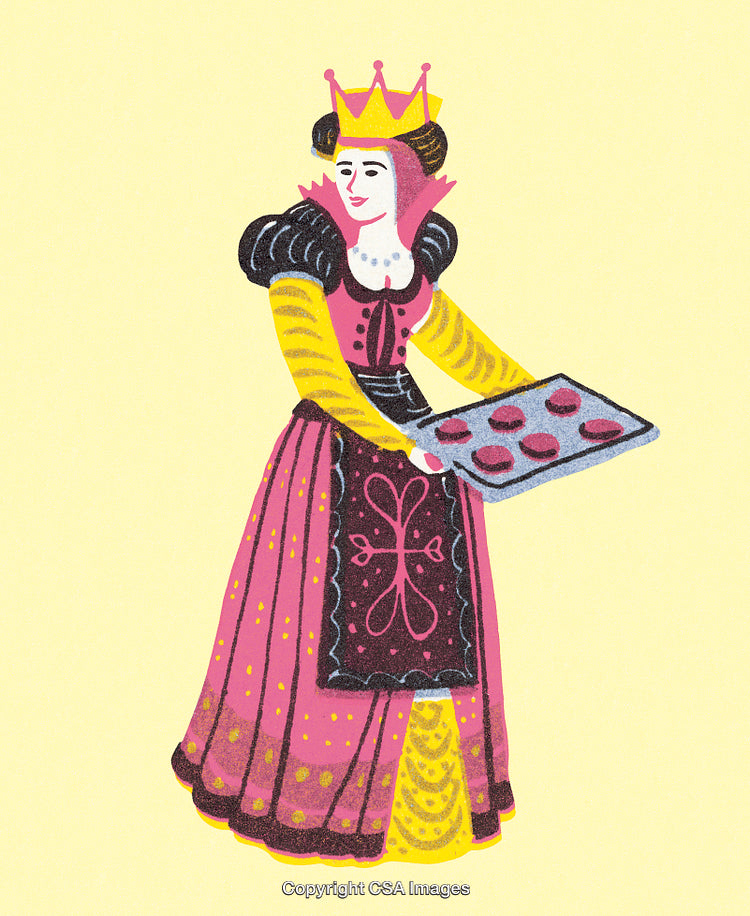Illustration of a Queen Baking Wearing a Traditional Royal Attire