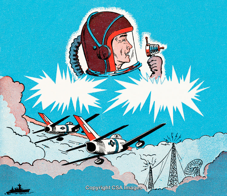 Retro Futuristic Space Scene with Pilot and Flying Jets in Colorful Artwork