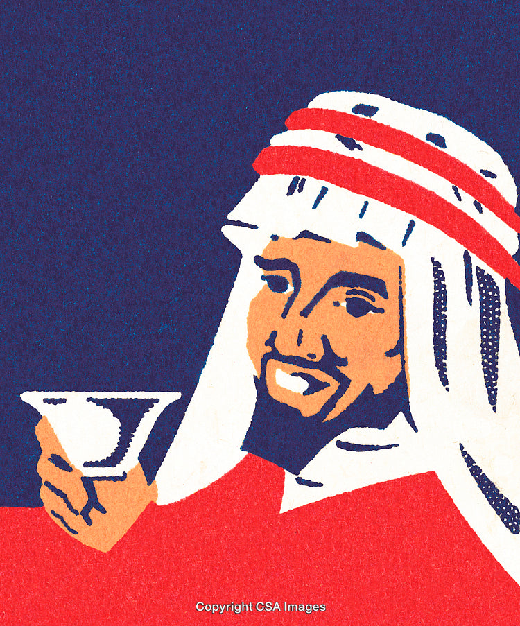 Vintage Illustration of a Smiling Man with Traditional Headdress and Drink Cup