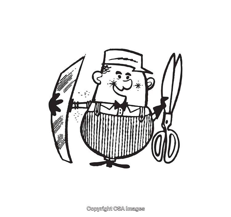 Hand-Drawn Illustration of a Cartoon Worker Holding Scissors and Paper