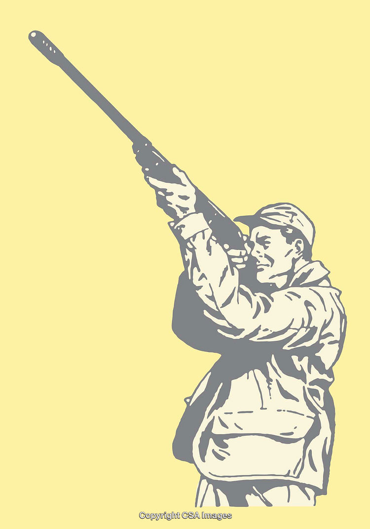 Line Art Illustration of a Hunter Aiming a Rifle on Yellow Background