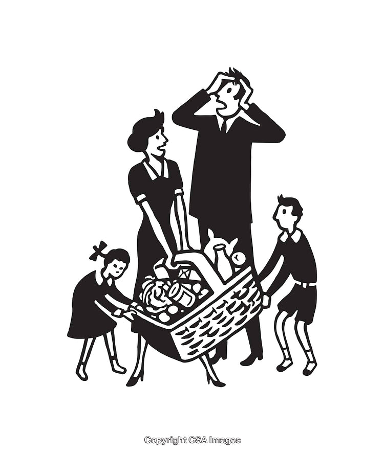 Black and White Line Art of a Family Lifting a Heavy Basket
