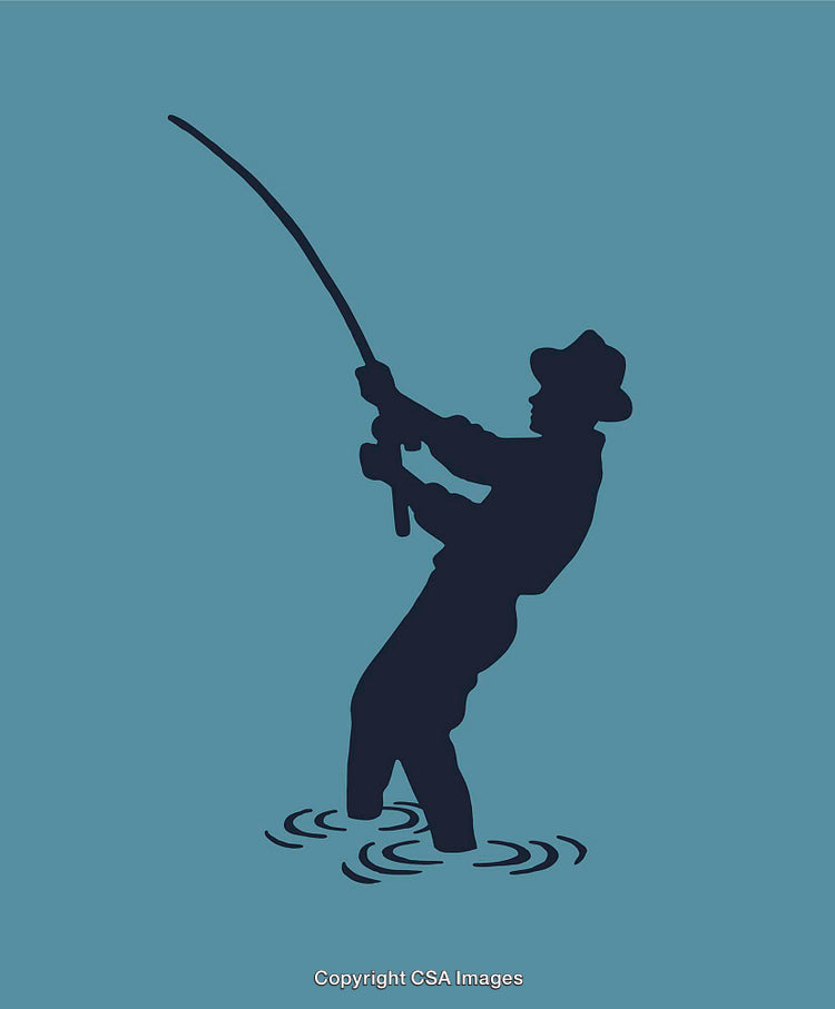 Silhouette Illustration of a Person Fishing in Calm Water