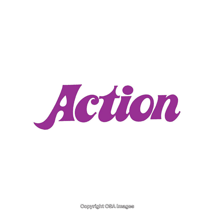 Purple Action Text in Bold Cursive Font on White Background