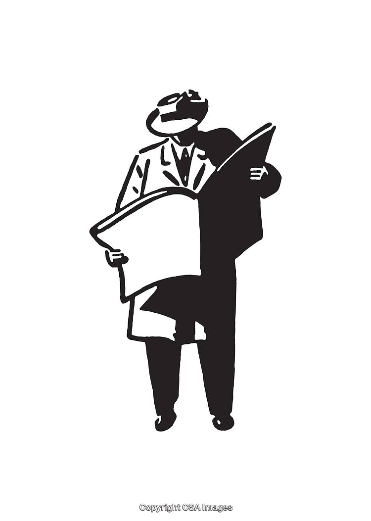 Vintage Black and White Illustration of Man Reading Newspaper