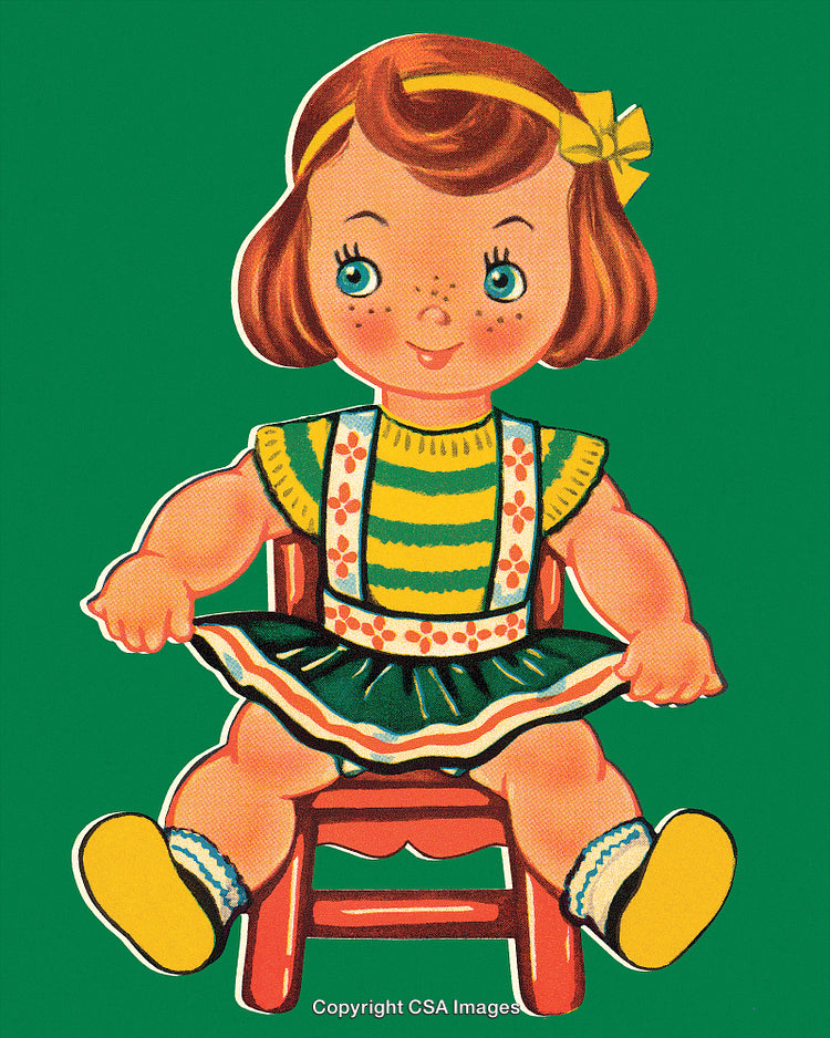 Vintage Illustration of a Happy Smiling Child Sitting on a Wooden Chair