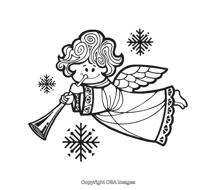 Black and White Angel Playing Trumpet Line Art Illustration