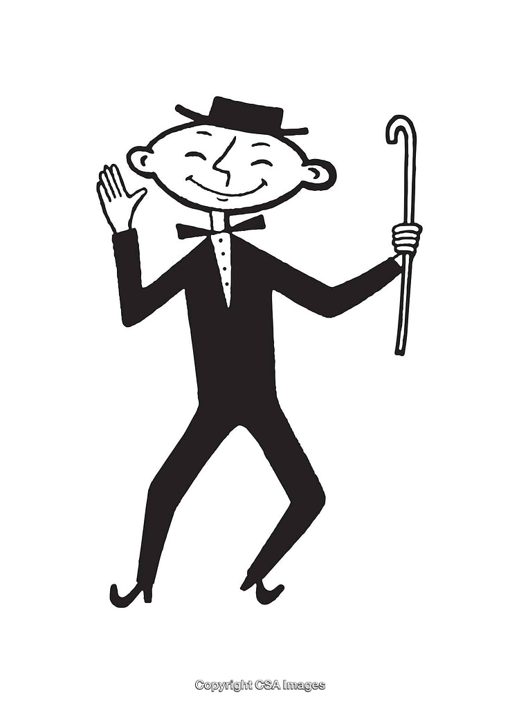 Cheerful Cartoon Gentleman Dancing Holding a Cane in Black and White Art