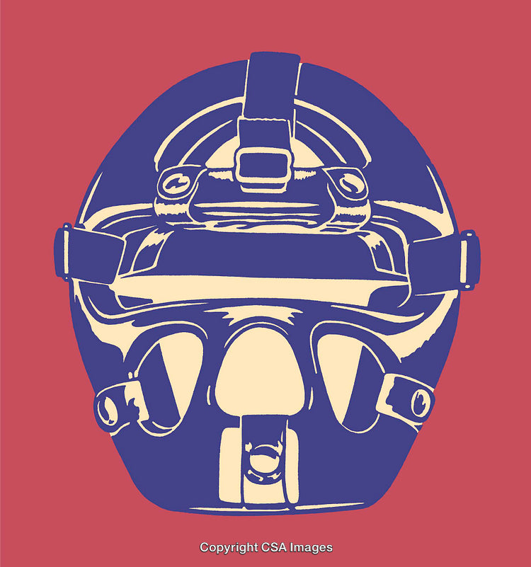 Bold Blue and Cream Air Helmet Illustration on Deep Red Canvas