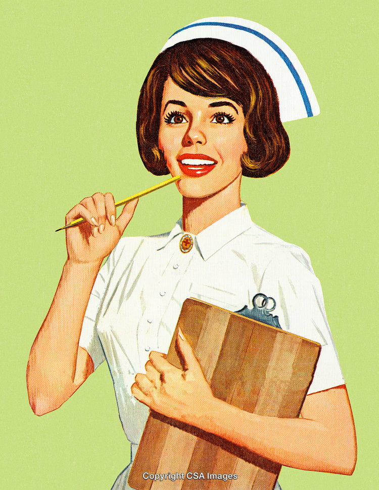 Smiling Nurse Holding Clipboard in a Cheerful Illustrated Retro Style