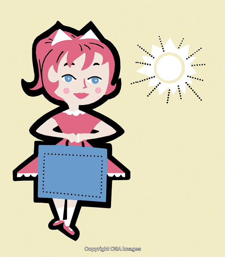 Retro Style Character Illustration of a Girl Holding a Blank Sign in Sunlight