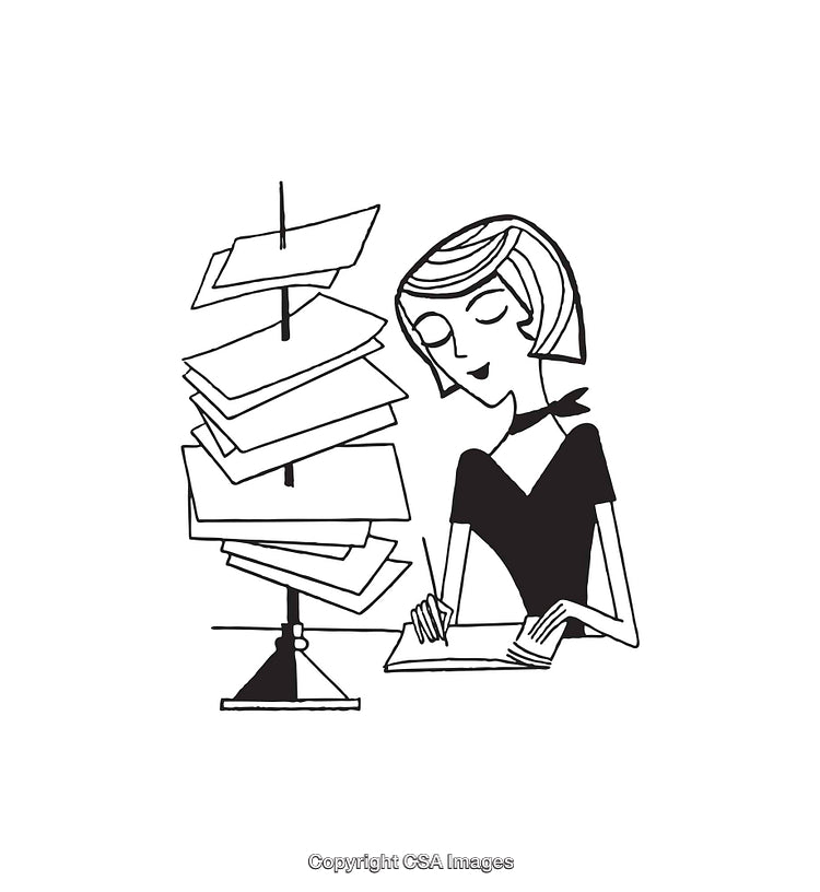 Black and White Line Drawing of Woman Writing with Organized File Rack
