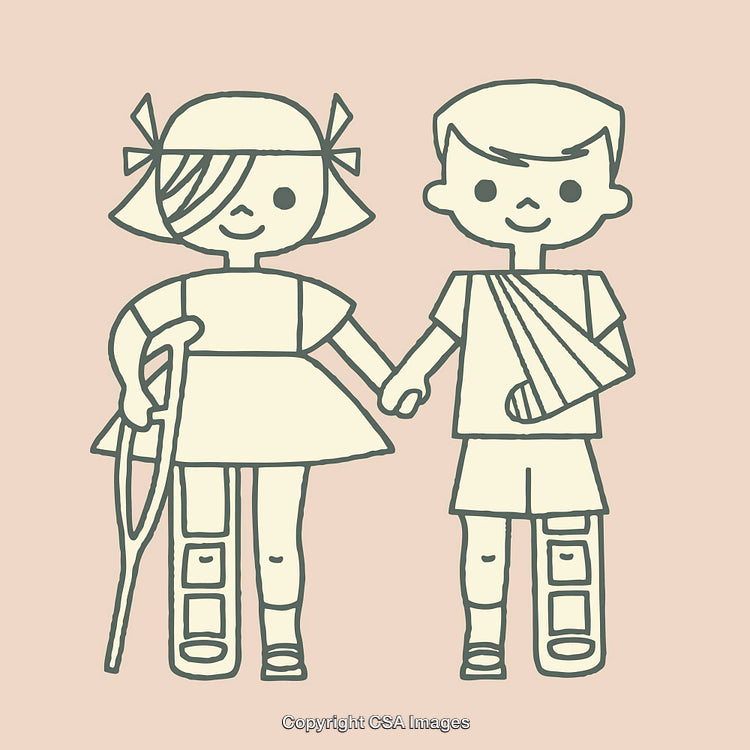 Cute Illustration of Two Injured Children Holding Hands and Smiling