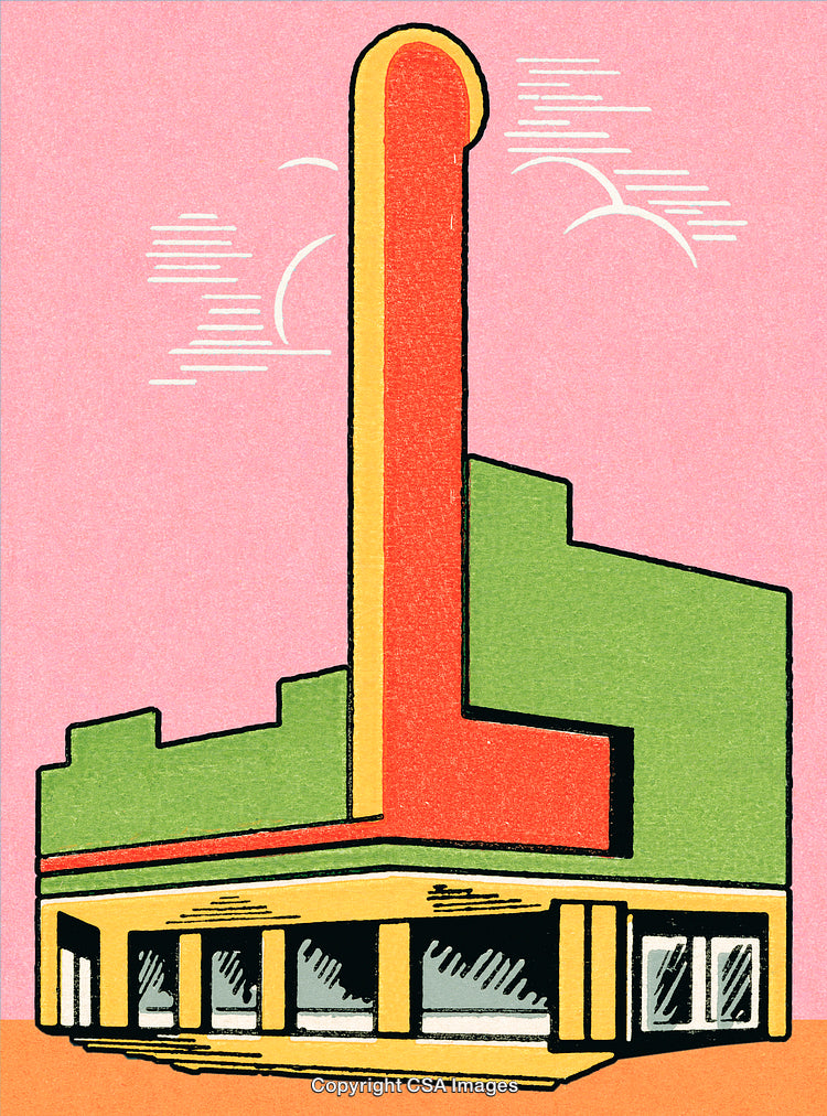 Colorful Abstract Building Illustration Featuring Bright Pink, Green, and Red Tones