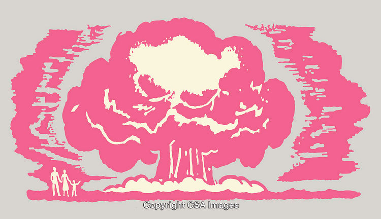 Family Watching a Pink Nuclear Explosion Artwork in Retro Style