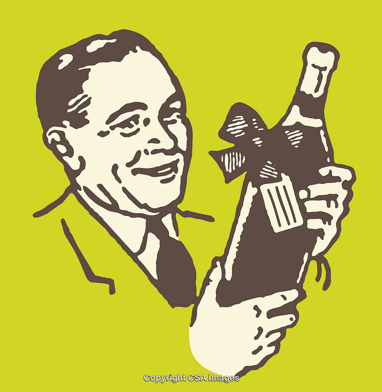 Retro Style Line Art of a Man Holding a Gifted Bottle