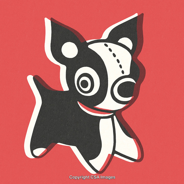 Retro Styled Digital Illustration of a Smiling Cartoon Dog on Red Background