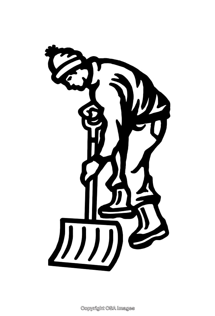 Black And White Illustration of a Person Shoveling Snow in Winter Attire