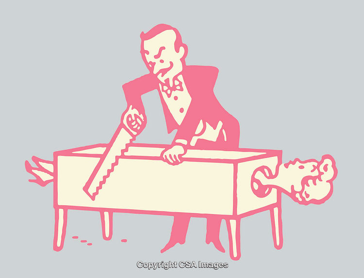Colorful Illustration of a Magician Performing a Classic Sawing Trick