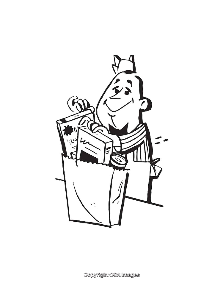 Smiling Store Worker Packing Groceries in Black and White Line Art Style