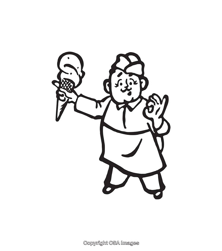 Cartoon Ice Cream Vendor Giving OK Gesture in Line Art Style