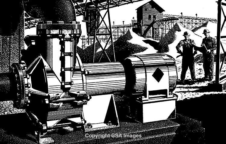 Industrial Scene with Machinery and Workers in Black and White Engraving Style