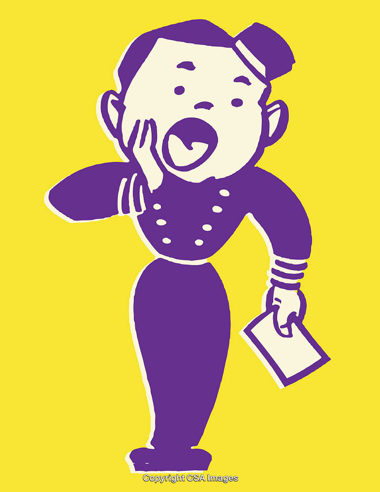 Purple and Yellow Line Art of Expressive Cartoon Character Holding Paper