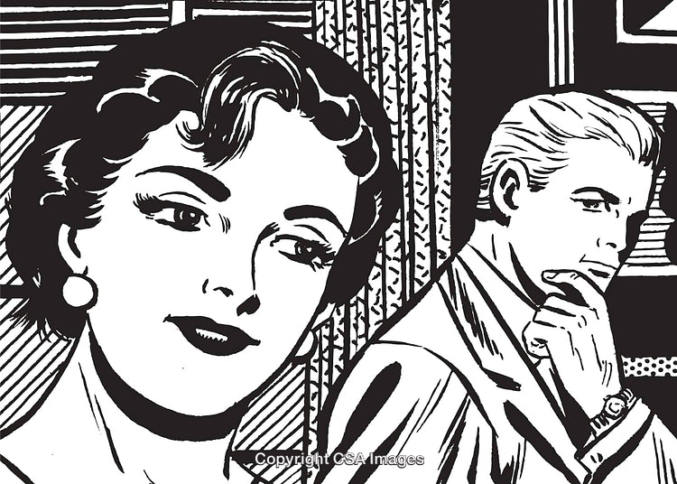 Retro Style Illustration of a Thoughtful Couple in Conversation