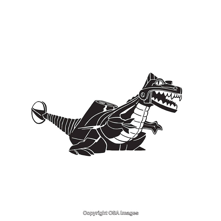 Black and White Illustration of a Mechanical Dinosaur-Like Creature Design